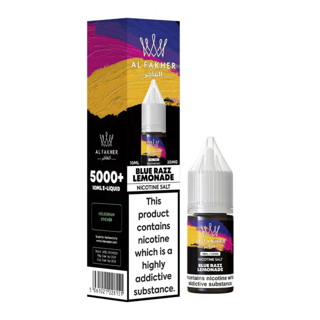 Al Fakher Blue Razz Lemonade e-liquid bottle and packaging on a white background