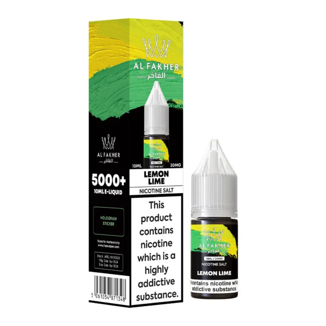Al Fakher lemon lime e-liquid bottle and packaging on a white background