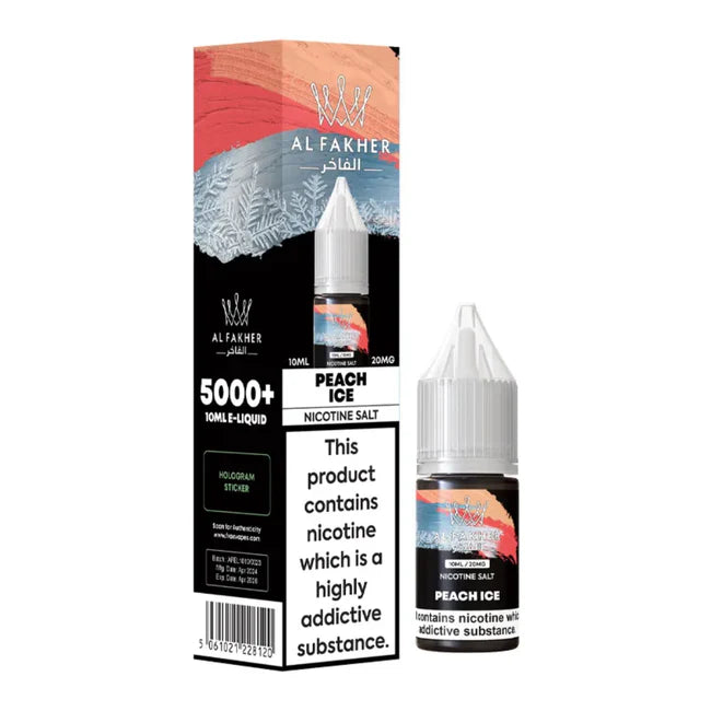 Al Fakher Peach Ice nicotine salt e-liquid packaging on a white background