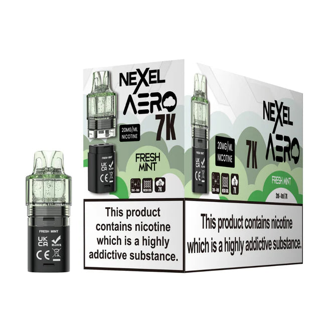 Nexcel Aero 7K vape device packaging with nicotine warning labels on a white background