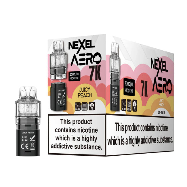 Nexcel Aero 7K vape device packaging with nicotine warning labels on a white background