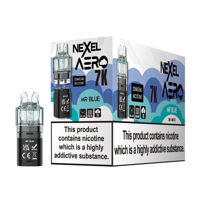 Nexcel Aero 7K vape device packaging with nicotine warning label on a white background