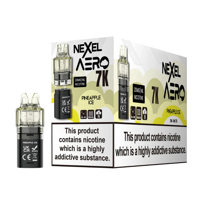 Nexcel Aero 7K vape device packaging with nicotine warning labels on a white background
