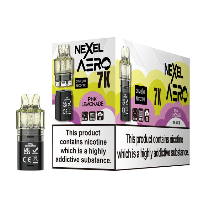 Nexcel Aero 7K vape device packaging with nicotine warning label on a white background