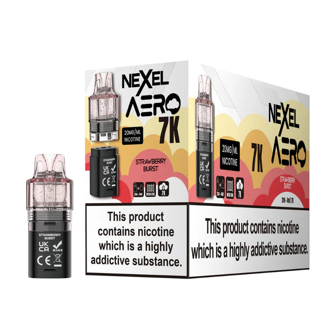 Nexcel Aero 7K vape device packaging with nicotine warning labels on a white background
