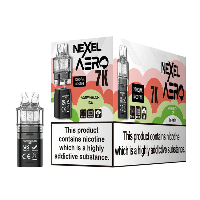 Nexcel Aero 7K vape device packaging with nicotine warning labels on a white background