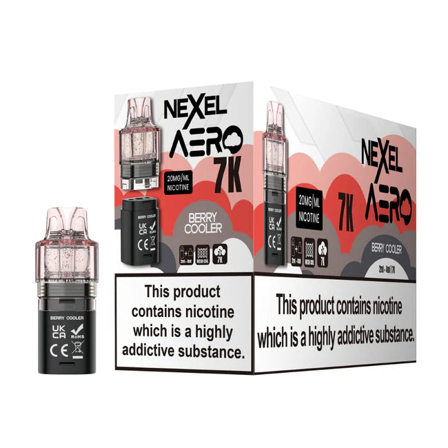 Nexcel Aero 7K vaping device packaging with nicotine warning label on a white background