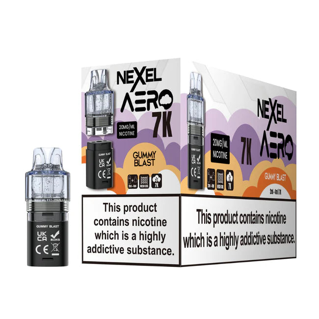 Nexcel Aero 7K vape device packaging with nicotine warning labels on a white background