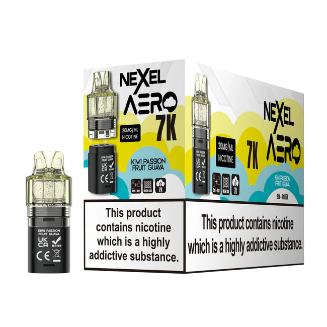 Nexcel Aero 7K vaping device packaging with nicotine warning label on a white background