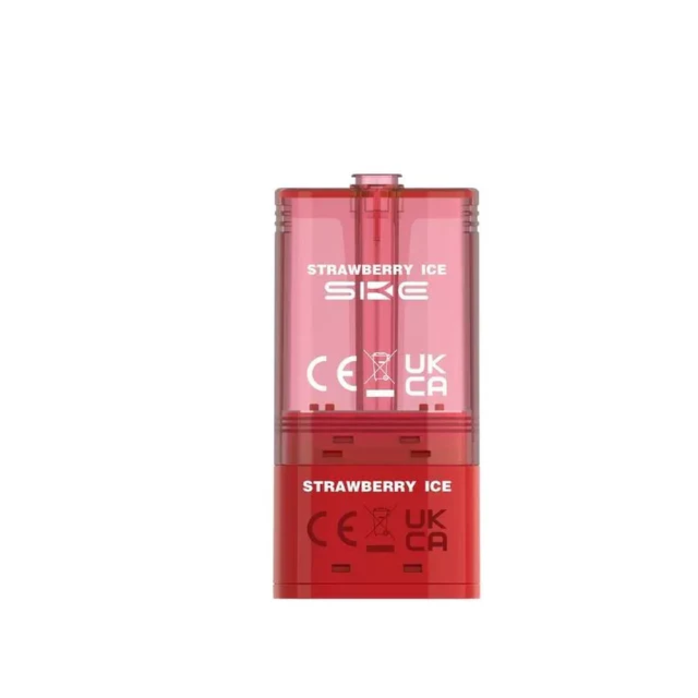Red vape device labeled 'Strawberry Ice' with SKE branding on a white background