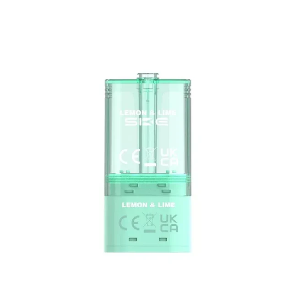 Clear mint green vape device with branding and product details on a white background