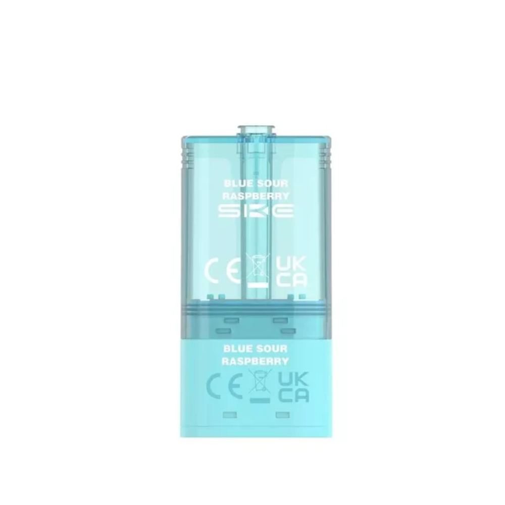 Clear blue vape device with branding and text on a white background