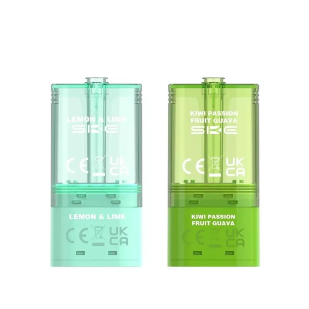 Two SKE vape devices, one green and one blue, on a white background.