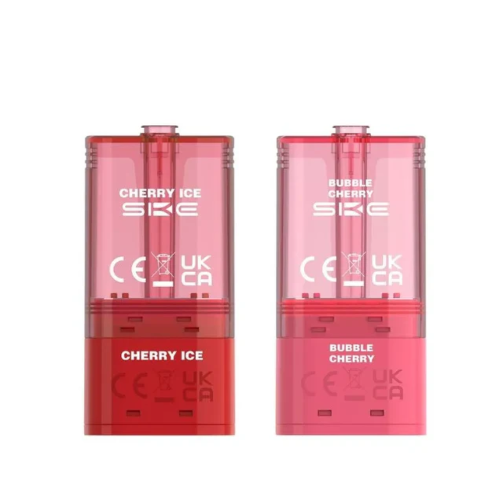 Two red SKE vapes with 'Cherry Ice' and 'Bubble Cherry' text on a white background
