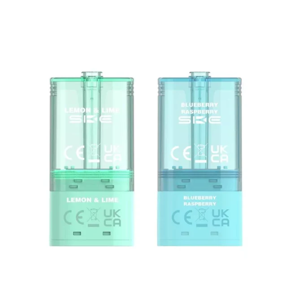 Two transparent vape pods, one labeled 'Lemon & Lime' and the other 'Blueberry Raspberry', on a white background.