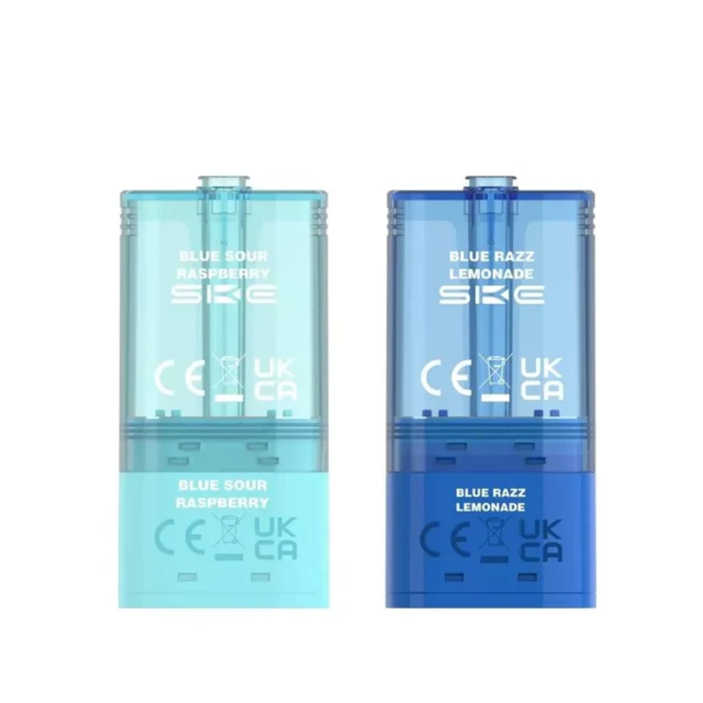 Two blue and clear SKE vape devices on a white background