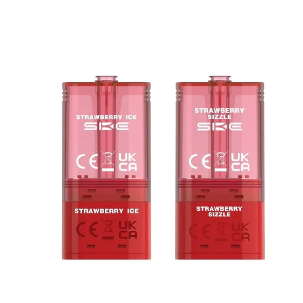 Two red vape pods labeled 'Strawberry Ice' and 'Strawberry Sizzle' by SKE on a white background.