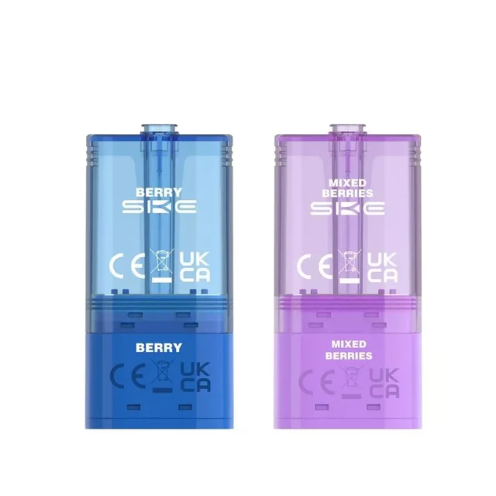Two SKE vape pods, one blue and one purple, on a white background.