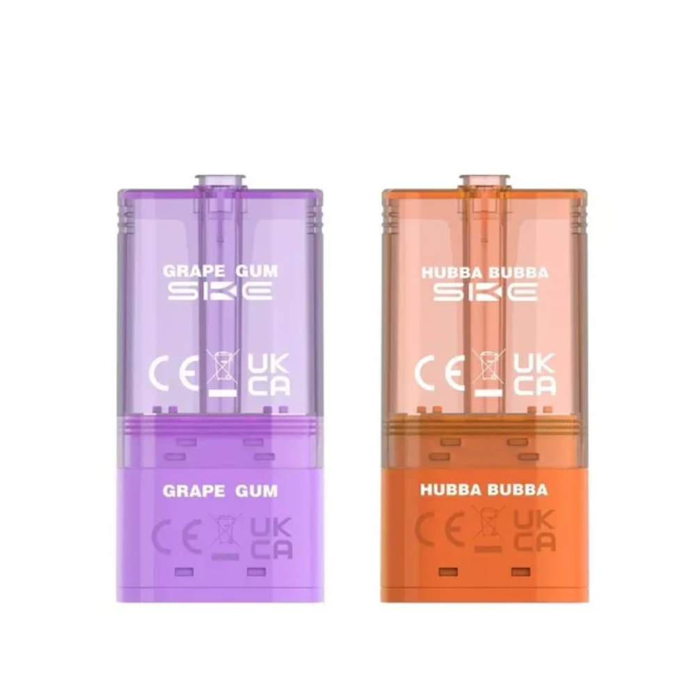 Two SKE vapes, one purple labeled 'Grape Gum' and one orange labeled 'Hubble Bubble', on a white background.