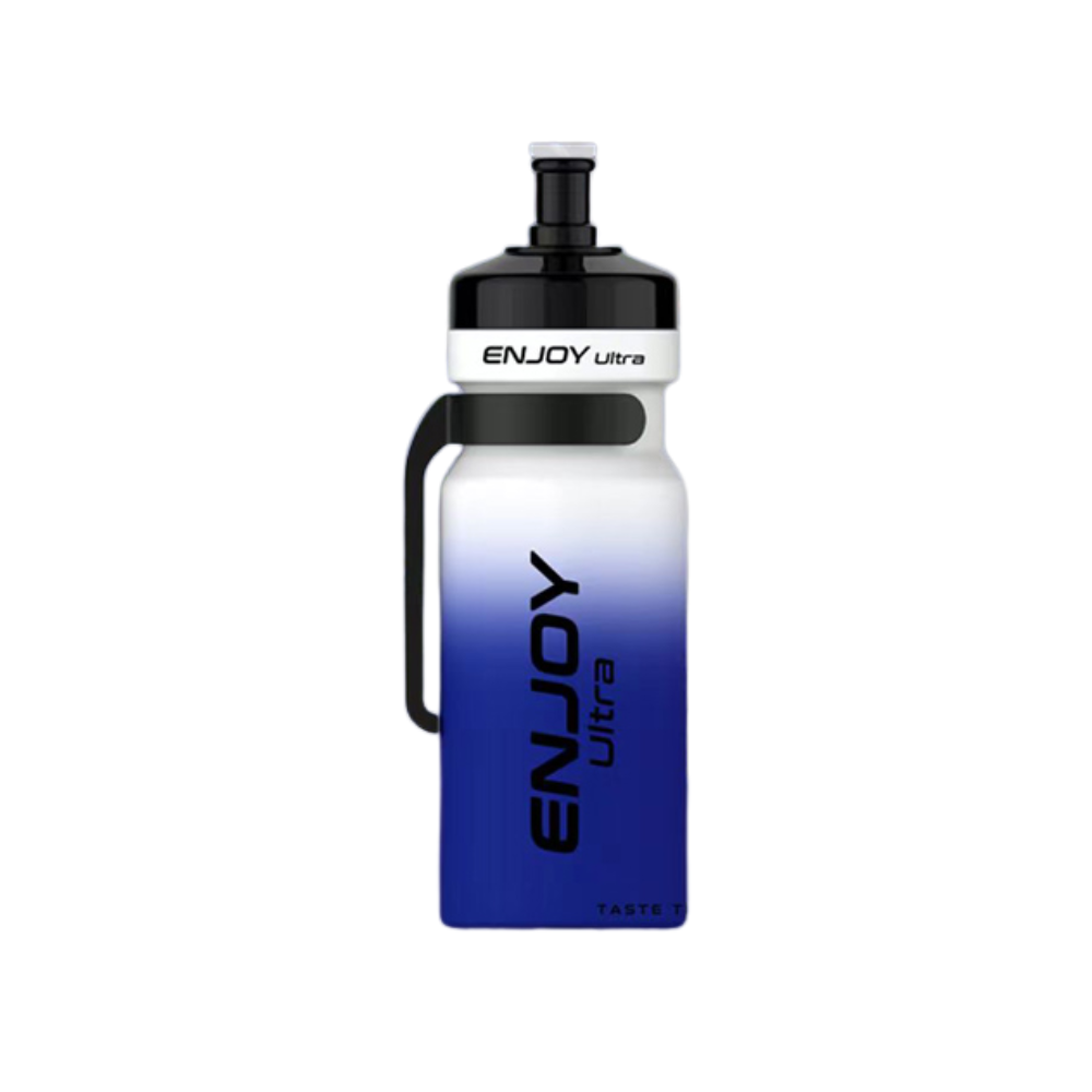 Blue and white water bottle with 'ENJOY Ultra' branding on a white background