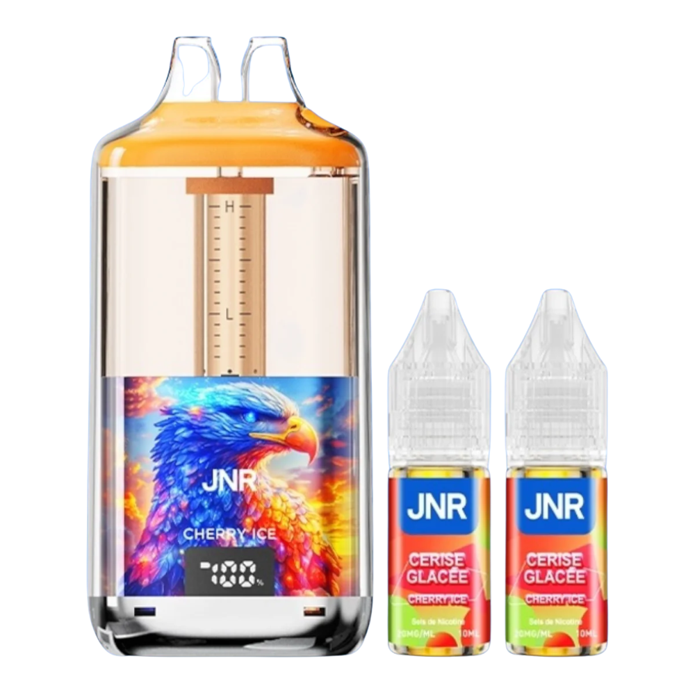 JNR Cherry Ice vape device and two bottles of e-liquid on a white background