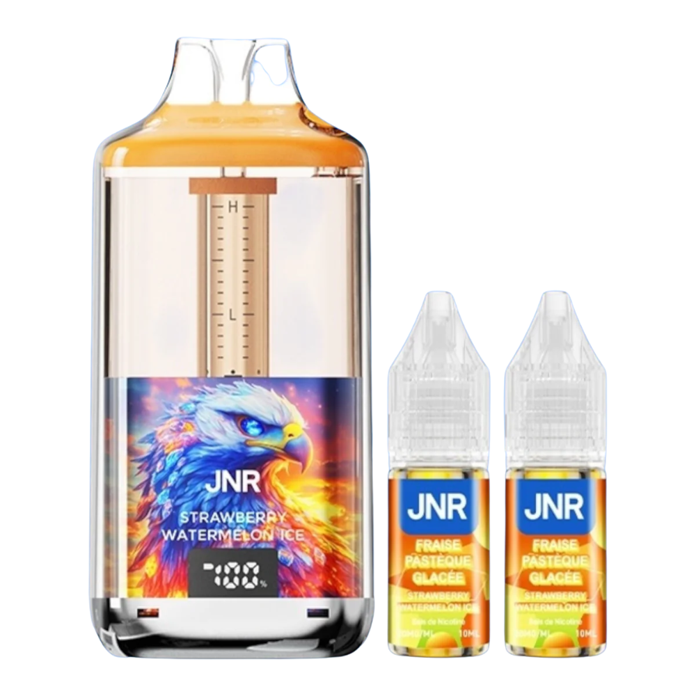 JNR strawberry watermelon ice vape device with two bottles of e-liquid on a white background