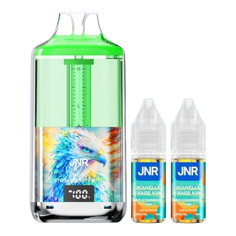 JNR vape device with colorful label and two small bottles on a white background