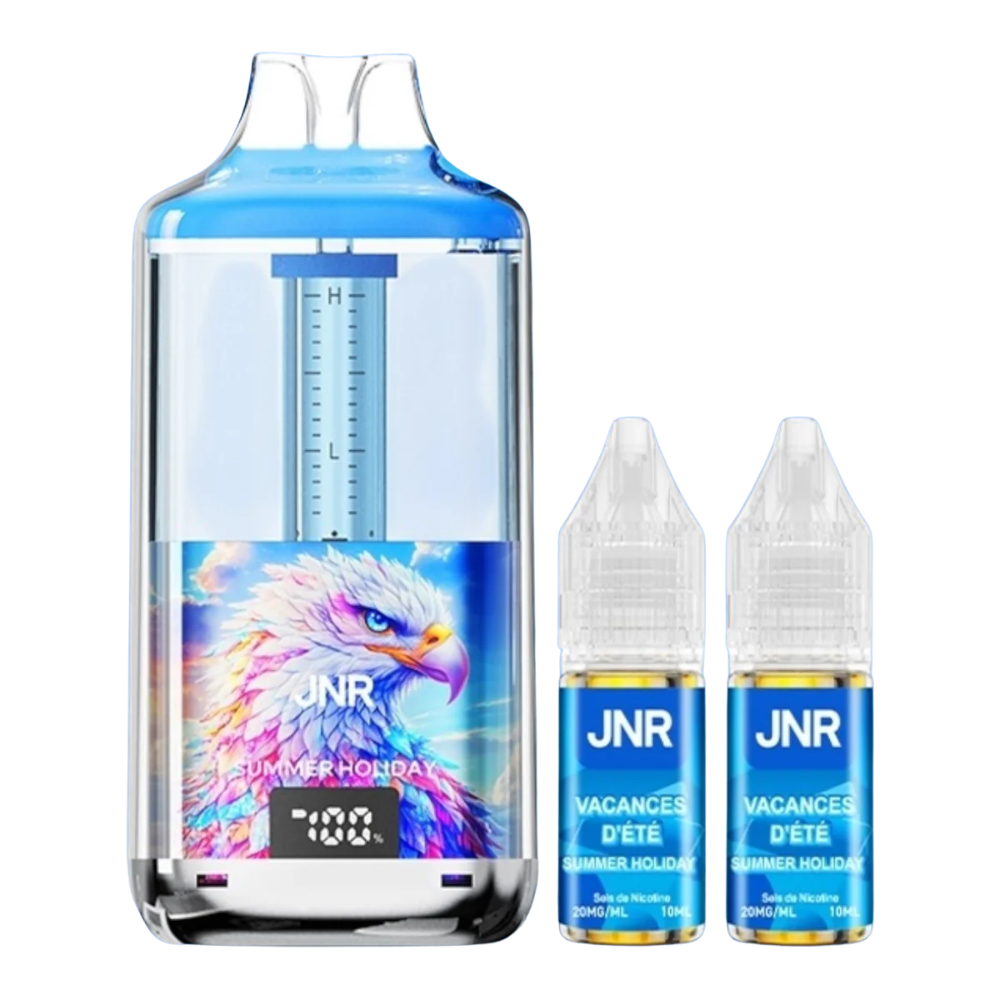JNR vape device and two bottles of e-liquid on a white background