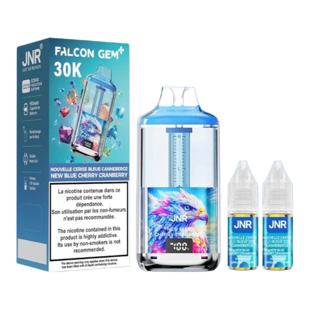 JNR Falcon Gem+ vape device and packaging on a white background