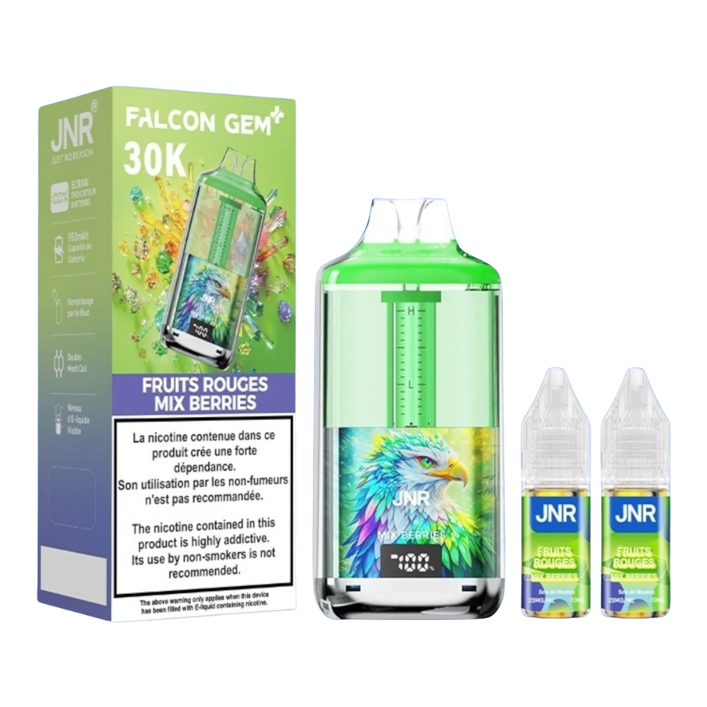 JNR Falcon Gem+ vape device packaging with green liquid and bird illustration on a white background