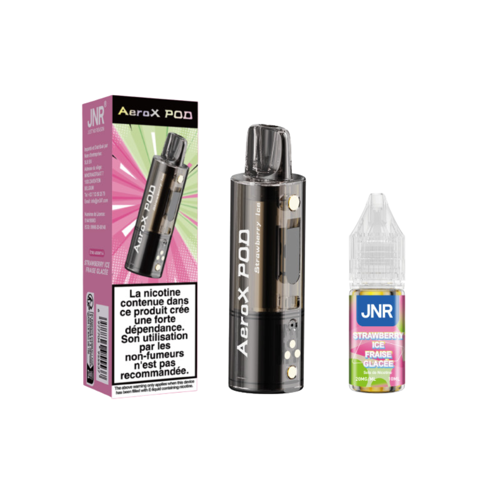 AeroX pod system with packaging and JNR strawberry flavor liquid on a white background