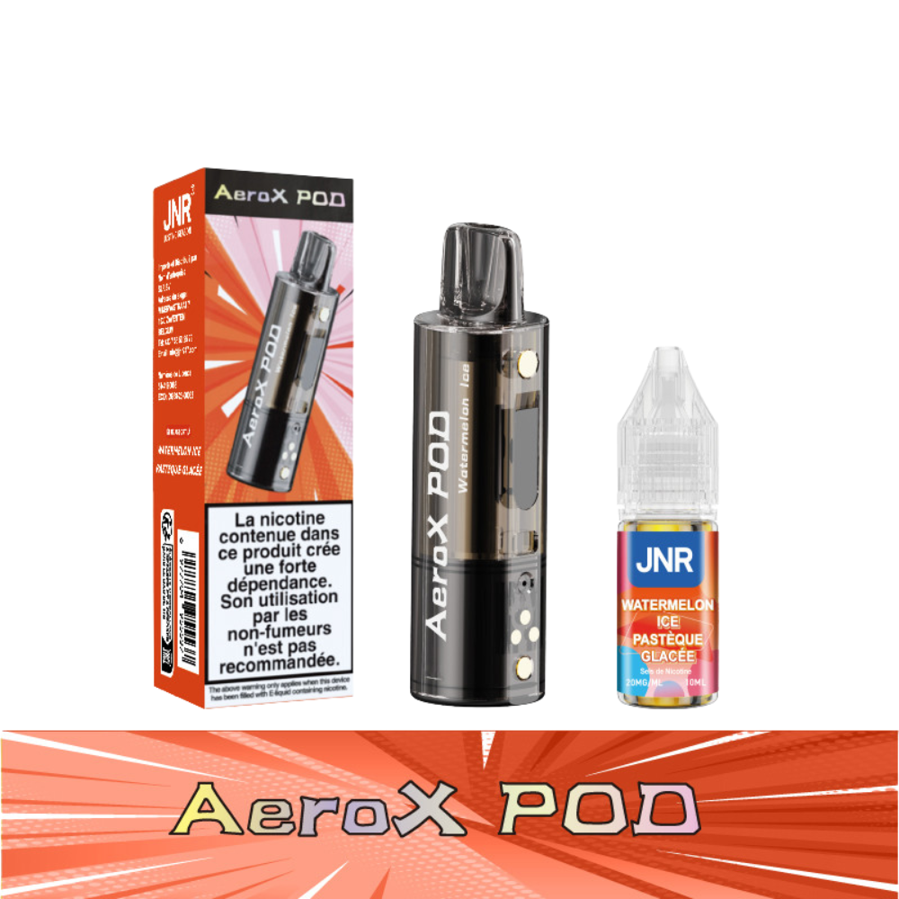 AeroX Pod packaging with vape device and liquid bottle on a white background