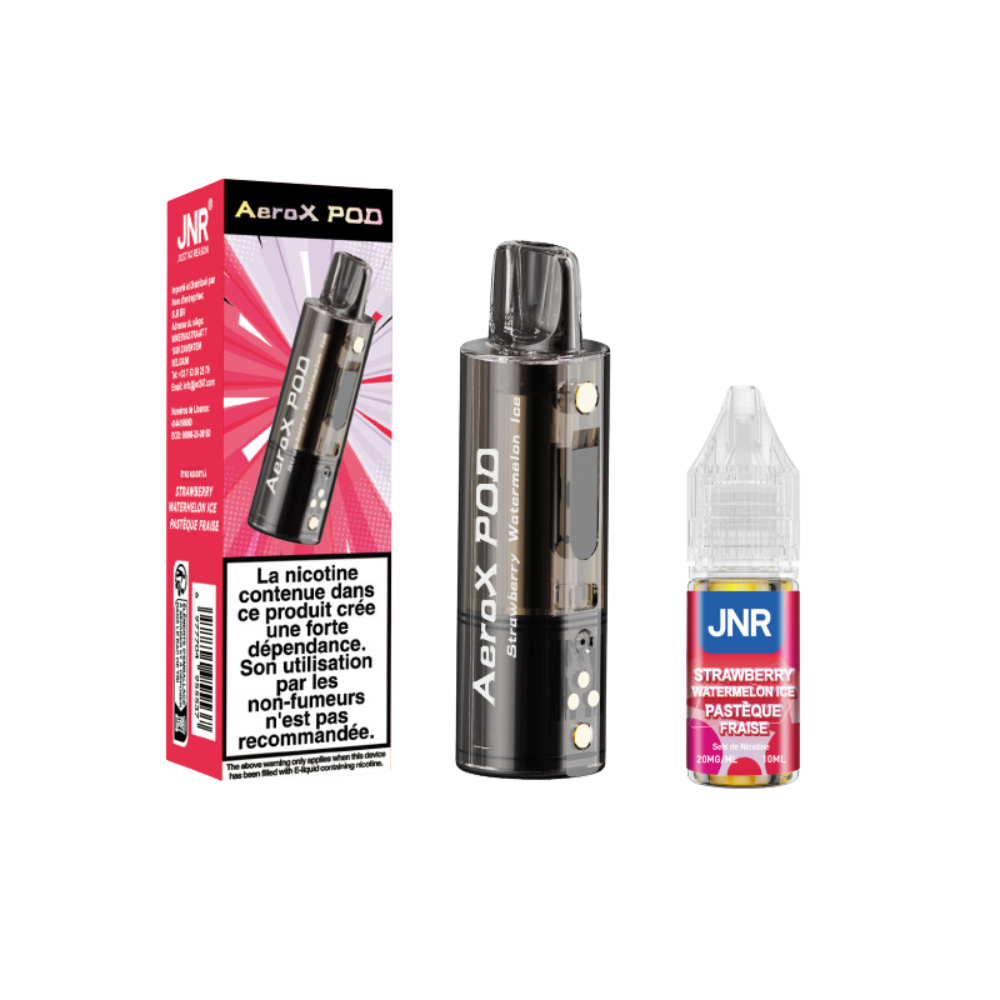 AeroX pod with packaging and JNR strawberry pineapple vape juice on a white background