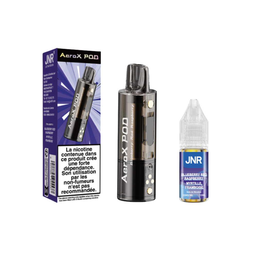 JNR AeroX vape pod and e-liquid bottle with packaging on a white background