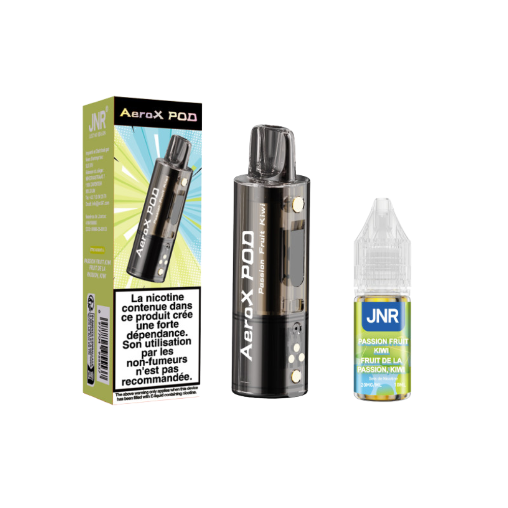 AeroX pod device with packaging and JNR e-liquid bottle on a white background