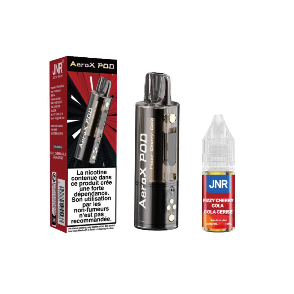 AeroX Pod vaping device and JNR Fizzy Cherry Cola flavor bottle on a white background