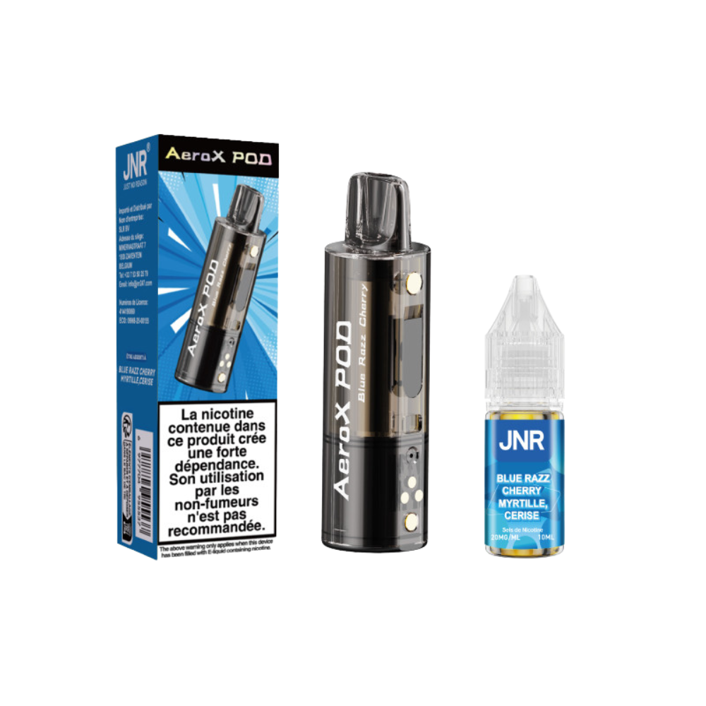 AeroX Pod vaping device with packaging and JNR Blue Razz e-liquid bottle on a white background