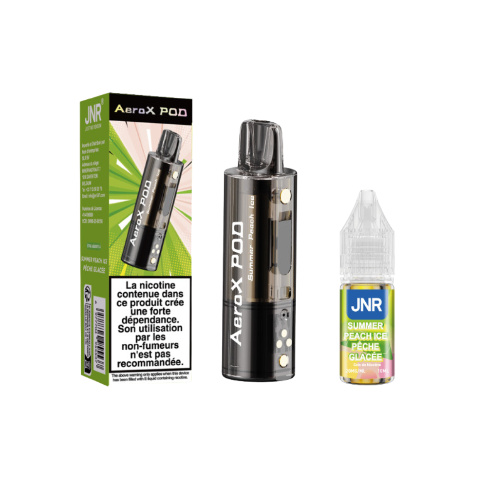 AeroX pod system with packaging and JNR e-liquid bottle on a white background