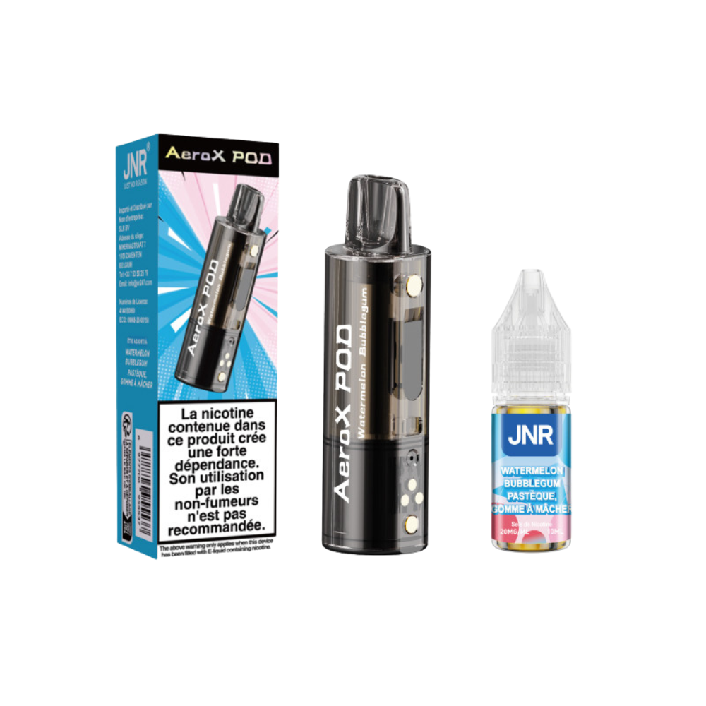 AeroX Pod vaping device with JNR e-liquid bottle on a white background