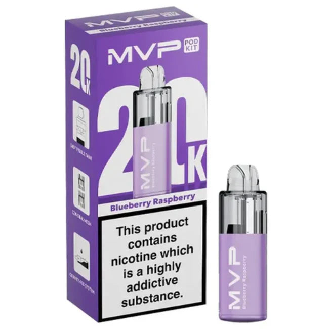 MVP vape pod kit packaging with purple and white design on a white background
