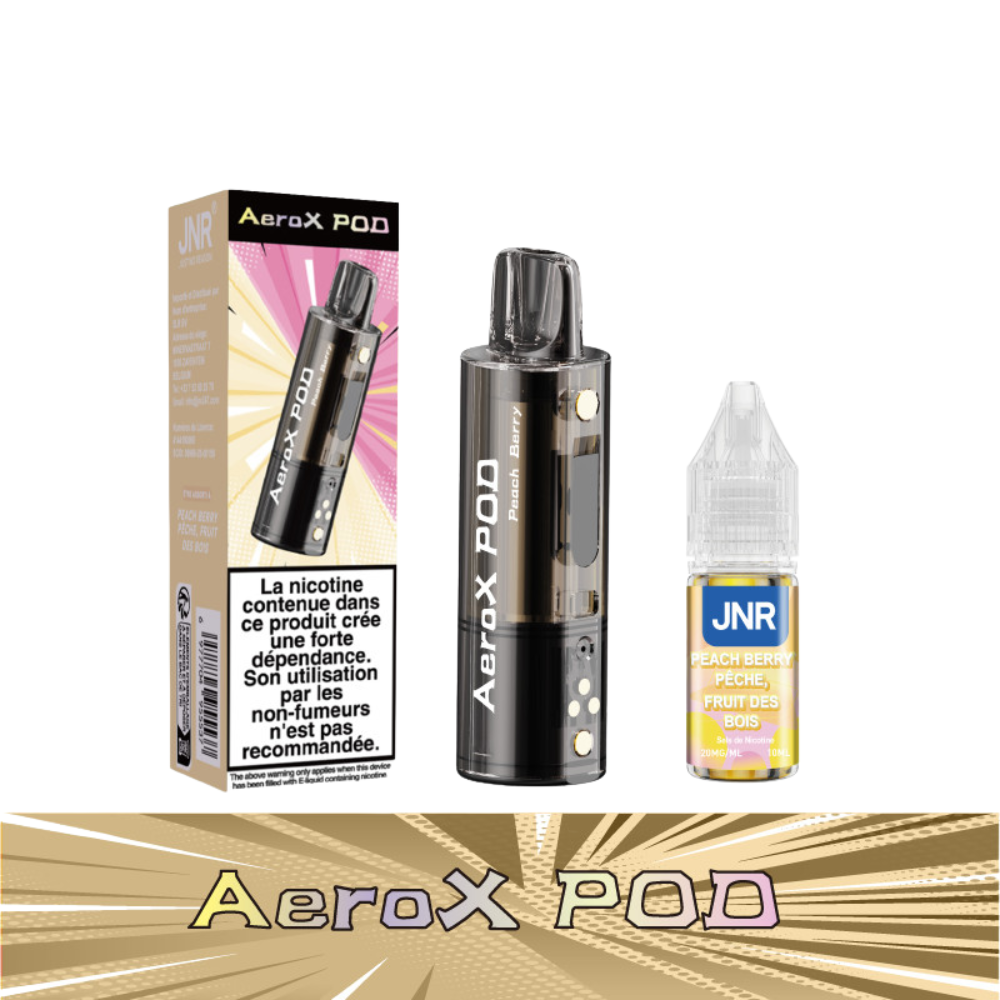 AeroX Pod vaping device and JNR e-liquid bottle on a white background