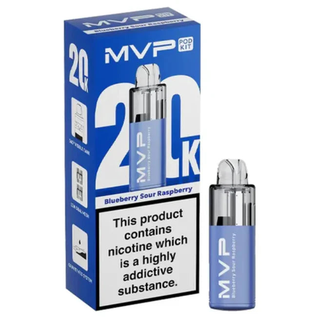 MVP vape pod kit with blue packaging and nicotine warning label on a white background