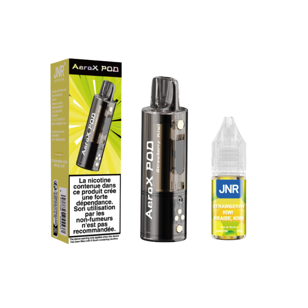 AeroX Pod vaping device and JNR e-liquid bottle on a white background