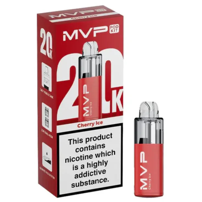 MVP vape kit with red and white packaging on a white background