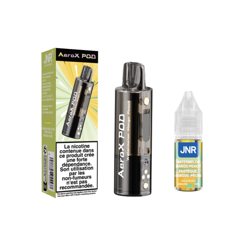 AeroX pod and JNR bottle with packaging on a white background