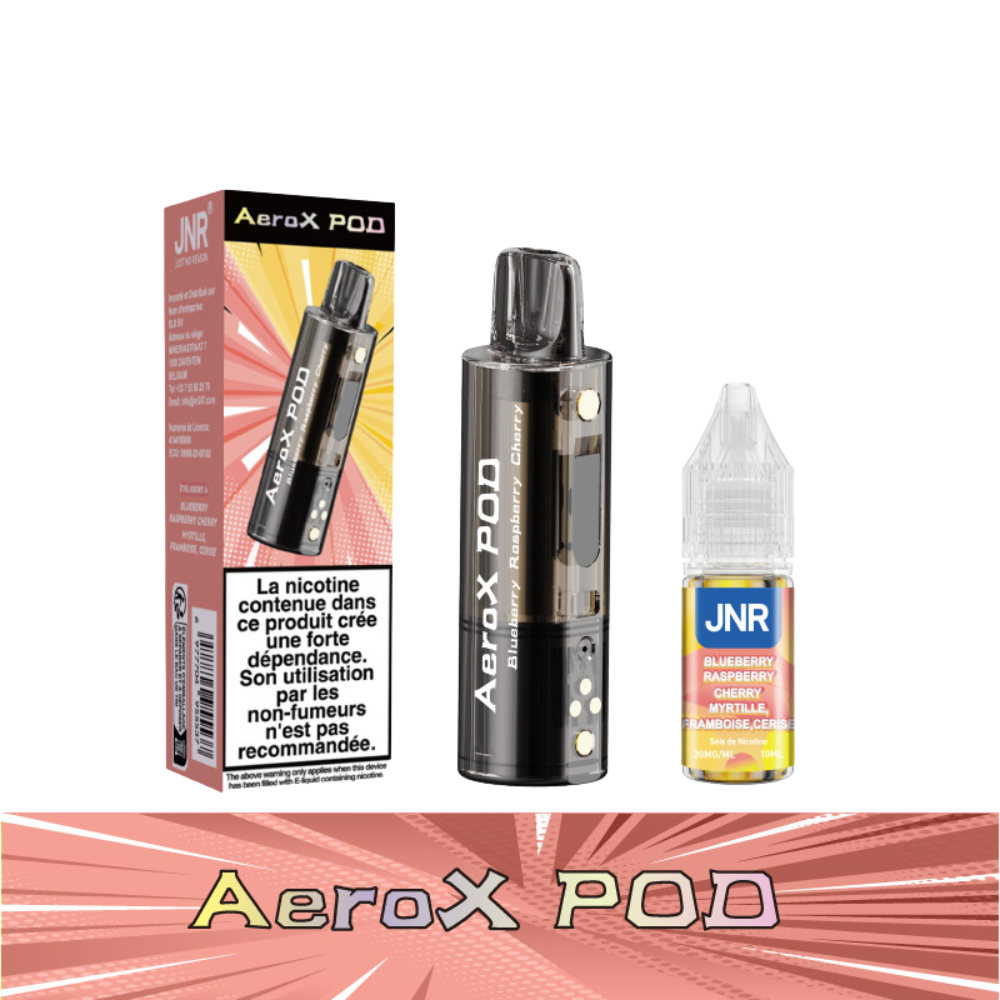 AeroX POD vaping device with packaging and JNR e-liquid bottle on a white background