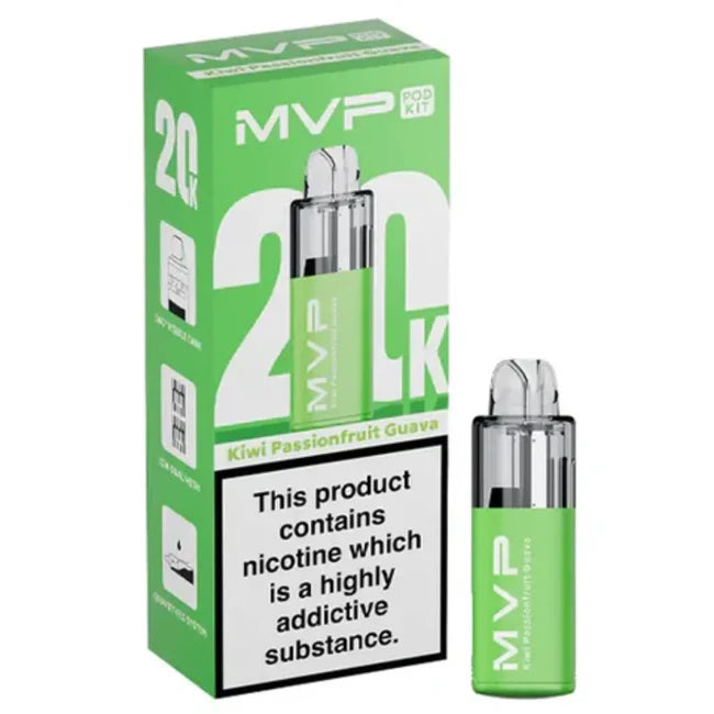 MVP vape kit with green packaging and nicotine warning label on a white background
