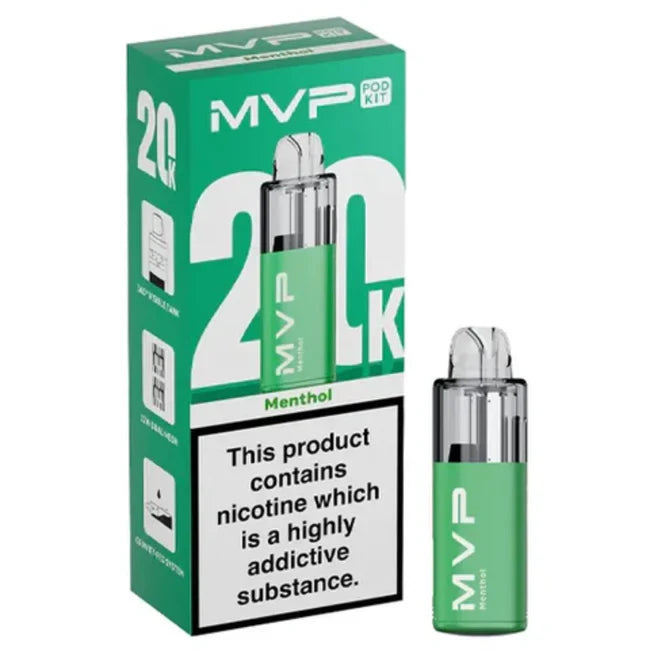 MVP vape kit with green packaging and nicotine warning label on a white background