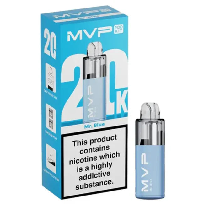 MVP vape kit packaging with blue and white design on a white background