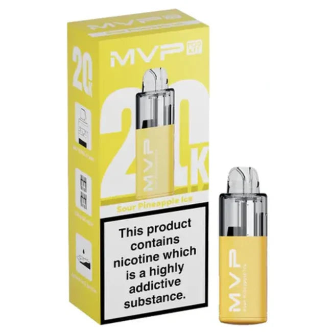 Yellow MVP vape device and packaging on a white background